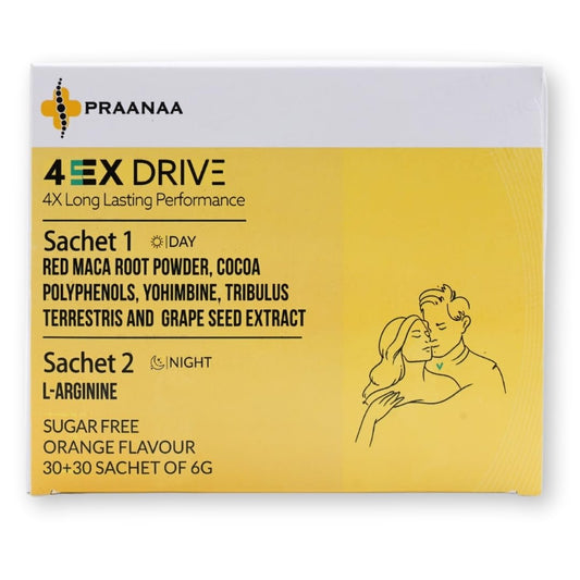 Praanaa Health Care 4EX Drive | Doctor-Formulated Supplement for Strength Stamina Performance and Vitality | Day and Night Formula with 6 Potent Extracts (60 Sachets,Pack of 1)