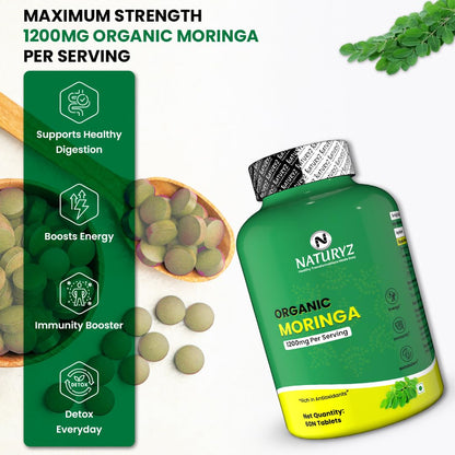 NATURYZ Organic Moringa Highest Strength 1200mg tablets | Supports Energy, Vitality, Detox, Metabolism & Immunity in Men & Women | Non-GMO, Vegan, Gluten-Free | USDA Organic Certified | Pesticides & Chemical Free – 60 Veg tablets