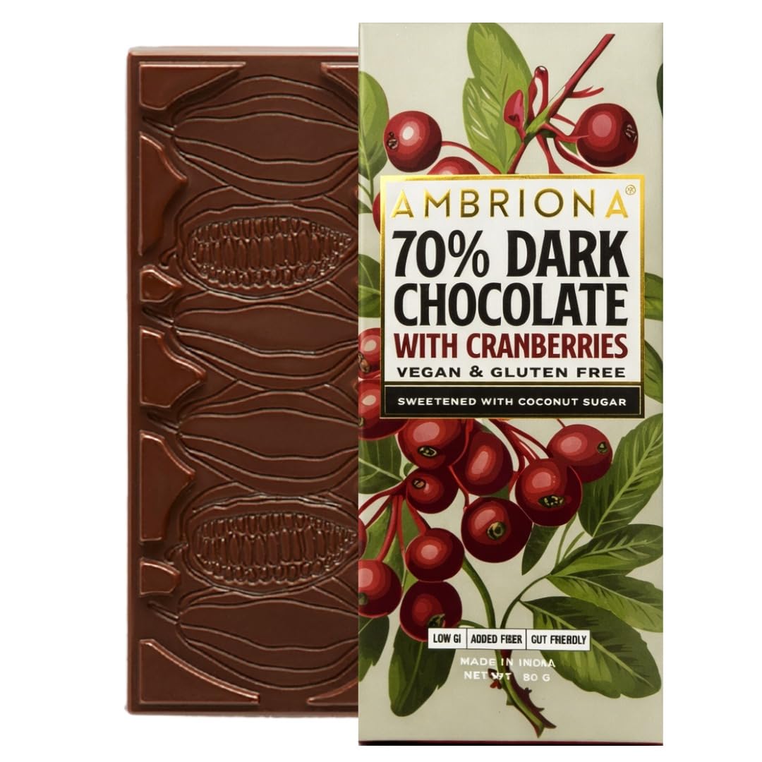 Ambriona 70% Dark Chocolate with Cranberries | Vegan & Gluten Free Dark Chocolate Bar | Sweetened with Coconut Sugar | Low GI | Added Fibre | Gut Friendly | 50 g