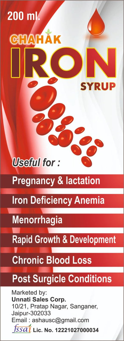 CHAHAK Iron Syrup with Folic Acid & Vitamin B12 – Hemoglobin Booster Syrup for Anemia, Fatigue & Weakness – Iron, Lycopene & Zinc Health Tonic – Mixed Fruit Flavour – 200 ml (Pack of 2)