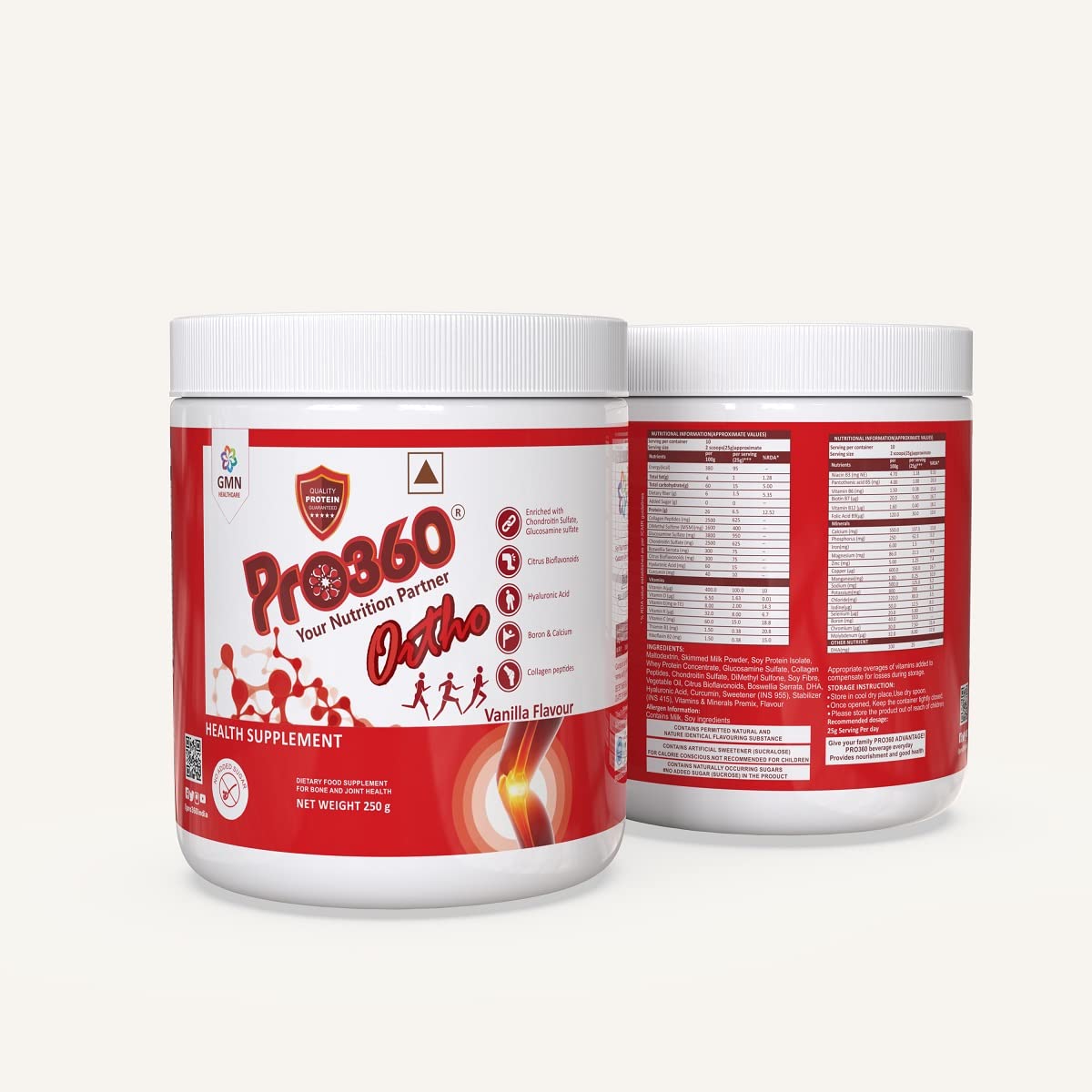 Pro360 Ortho Bone and Joint Care Supplement Nutrition Powder with Glucosomine Chondroitin MSM Collagen Peptides Boswellia Serrata Hyaluronic Acid - Vanilla Flavour, (250+250) g (Nonveg) Pack of 2
