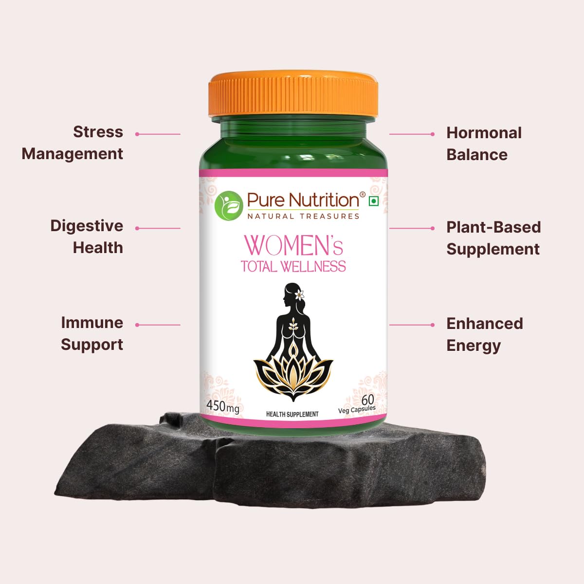 Pure Nutrition Women's Total Wellness Supplement | Supports Stress Management, Digestive Health, Enhanced Energy, Hormonal Balance, & Improved Immunity & Metabolism | 60 Veg Capsules