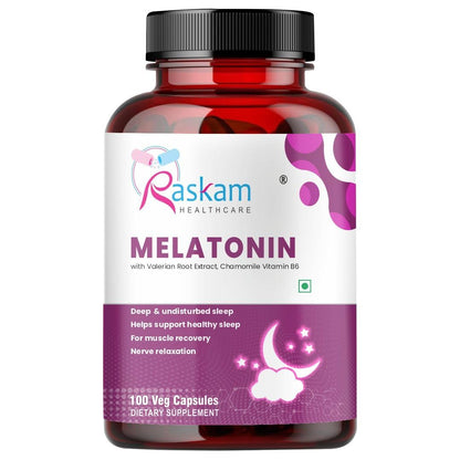 Raskam Healthcare Melatonin with Valerian Root, Chamomile & Vitamin B6 | Sleep Support Supplement | Capsules for Deep & Restful Sleep | Non-Habit Forming | 100 Veg Capsules