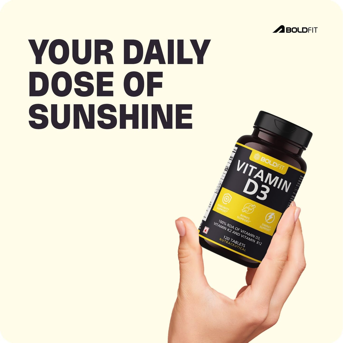 Boldfit Vitamin D3 K2 Supplement for Bone & Heart Health | Vitamin-D tablets with Vitamin-K2 MK7 | Premium Vitamin-B12 supplement for Energy, Bones, Immunity and General Wellness -120 Count