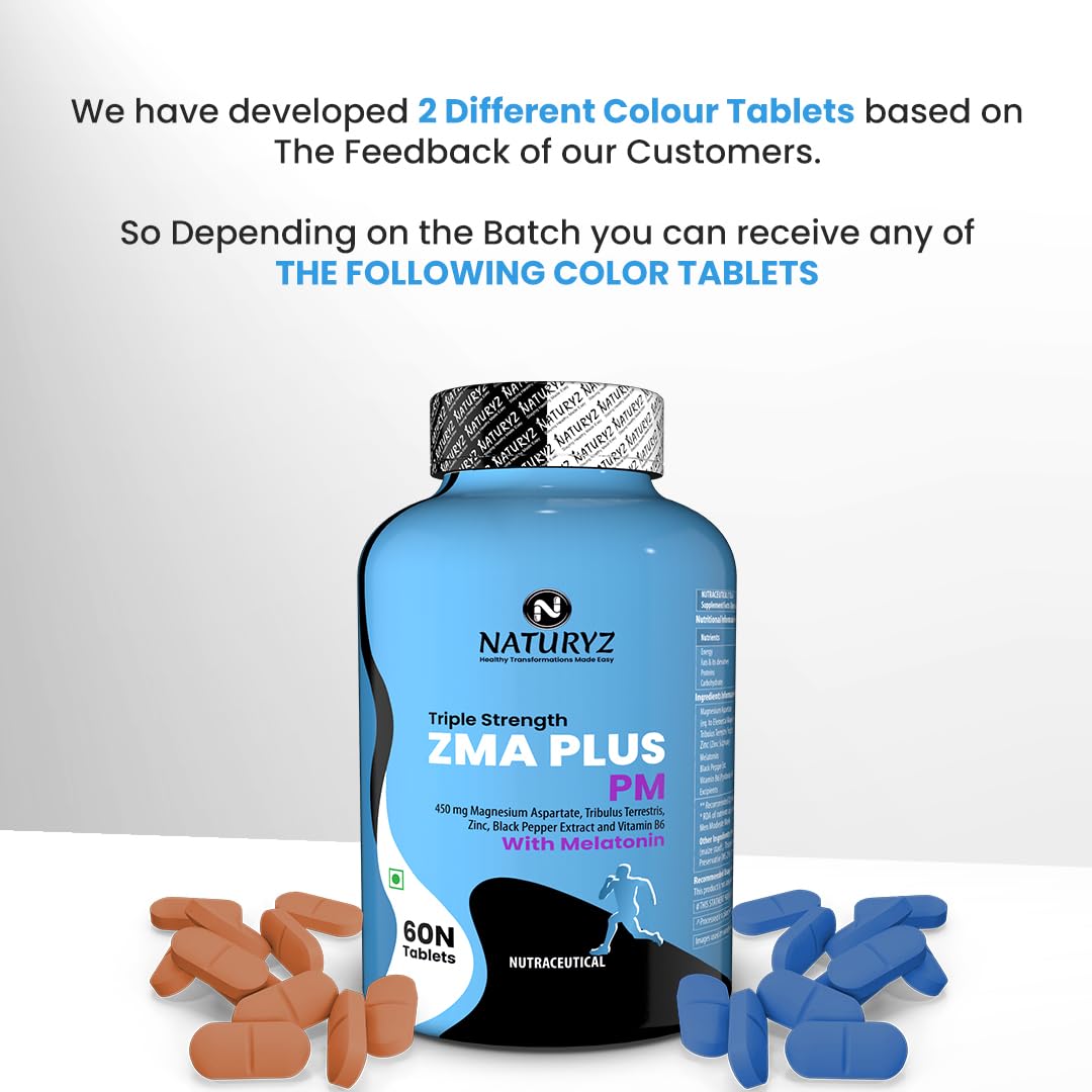 Naturyz Triple Strength ZMA Plus PM with Melatonin for Night Recovery & Muscle Strength Support Supplement with 450 mg Magnesium Aspartate, Tribulus, B6 & Black Pepper for Men - 60 Tablets
