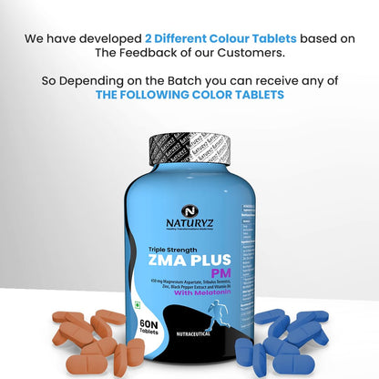 Naturyz Triple Strength ZMA Plus PM with Melatonin for Night Recovery & Muscle Strength Support Supplement with 450 mg Magnesium Aspartate, Tribulus, B6 & Black Pepper for Men - 60 Tablets