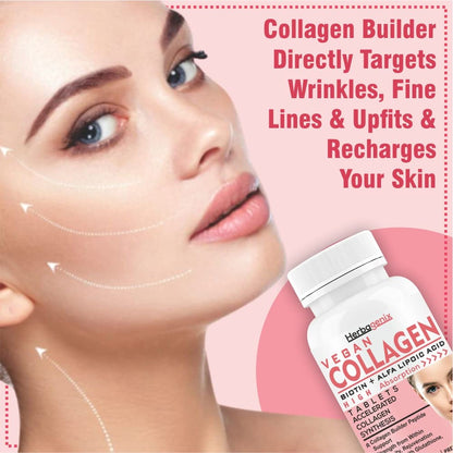 HERBAGENIX Collagen Supplements For Women With Glutathione Powder, Biotin, Vitamin C, E Collagen Peptides Plus Hyaluronic Acid Supplement For Skin Whitening Nails&Hair Growth-60 Veg Tablets(Pack 1)