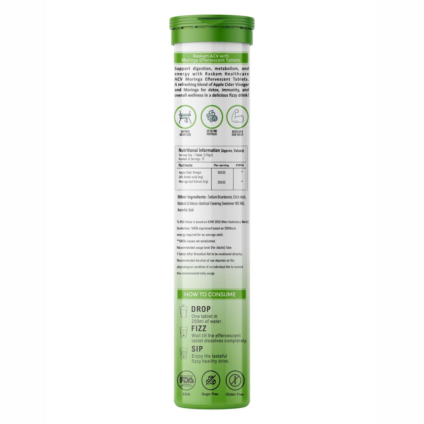 Raskam ACV Moringa Effervescent Tablets | Fizz 15 Tablets in Green Apple Flavor, 500mg| Natural Energy & Immunity Booster with Antioxidants (Pack of 5)