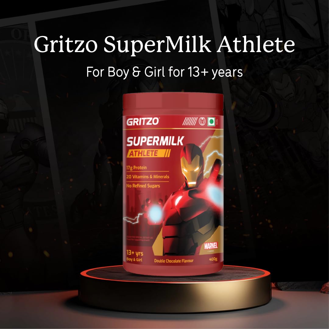 Gritzo SuperMilk Athlete Iron Man (13+y Boy & Girl), 17g Protein Powder (Double Chocolate, 400g) | No Refined Sugars, 20 Vitamins & Minerals