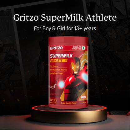 Gritzo SuperMilk Athlete Iron Man (13+y Boy & Girl), 17g Protein Powder (Double Chocolate, 400g) | No Refined Sugars, 20 Vitamins & Minerals