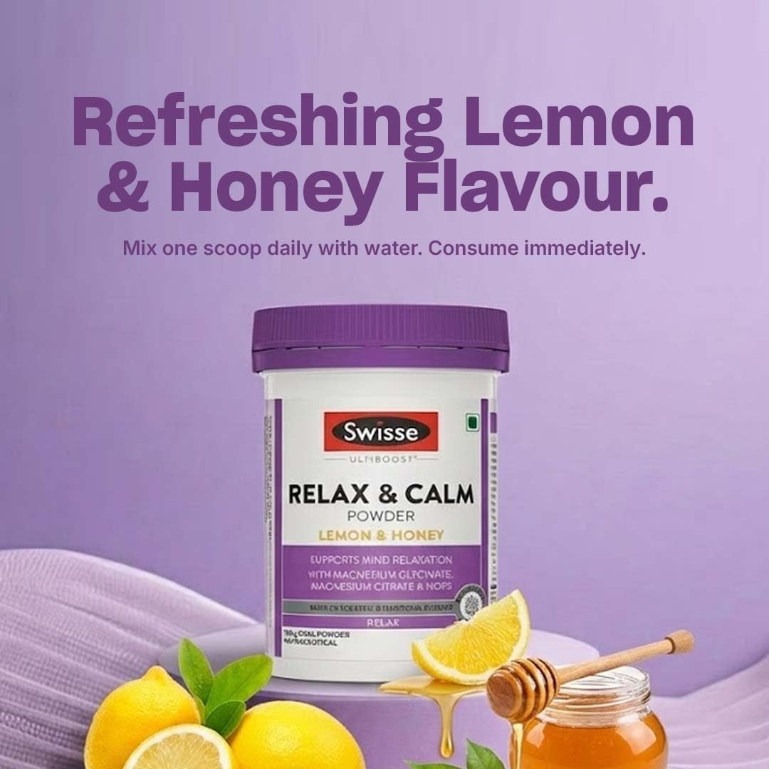 Swisse Relax & Calm Powder – Magnesium Glycinate & Citrate + Hops, Inositol & Choline - Supports Relaxation, Muscle Recovery & Healthy Sleep (Lemon & Honey Flavor, 24 Servings)