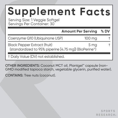 Sports Research CoQ10 Dietary Supplement 30 Veggie Softgels