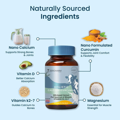 Holistic Calcium and Curcumin - Improves Joint Health, Strengthens Bones & Muscles - Boosts Immunity & Heart Health (120 Tablets)