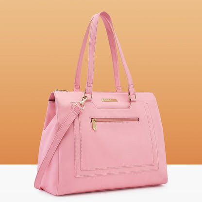 Caprese Ginty Satchel Bag, Medium | Stylish Solid Handbag for Women with Comfortable Flat Handles, Adjustable & Detachable Sling Strap | Secure Zip Closure | Perfect for Casual & Daily Use (Pink)