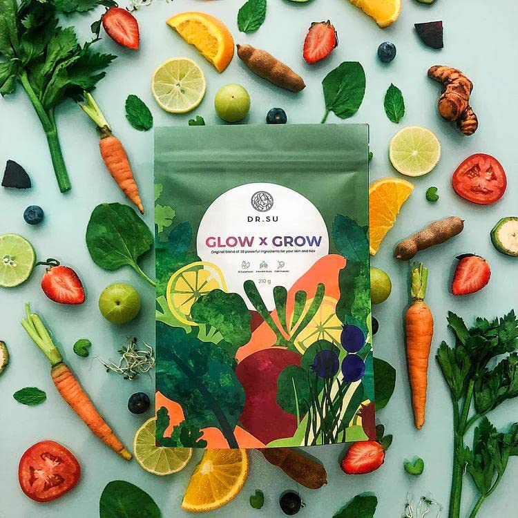 Dr.Su 6-In-1 Supplement Powder | Clear Skin, Strong Hair & Healthy Gut | With Vitamins, Minerals, Antioxidants, Probiotics, Fiber & Adaptogens | Lemon Mint | Sugar-Free | 30 Sachets | Unisex