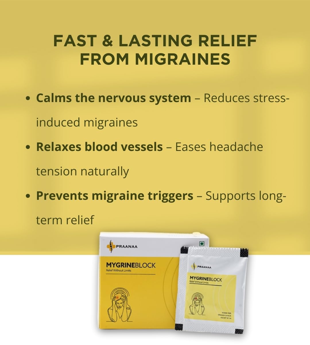 Praanaa Health Care MygrineBlock | Doctor-Formulated Supplement with Scientific Evidence | Migraine Relief Brain Health and Relaxation Support with 6 Key Ingredients (30 Servings,Pack of 1)