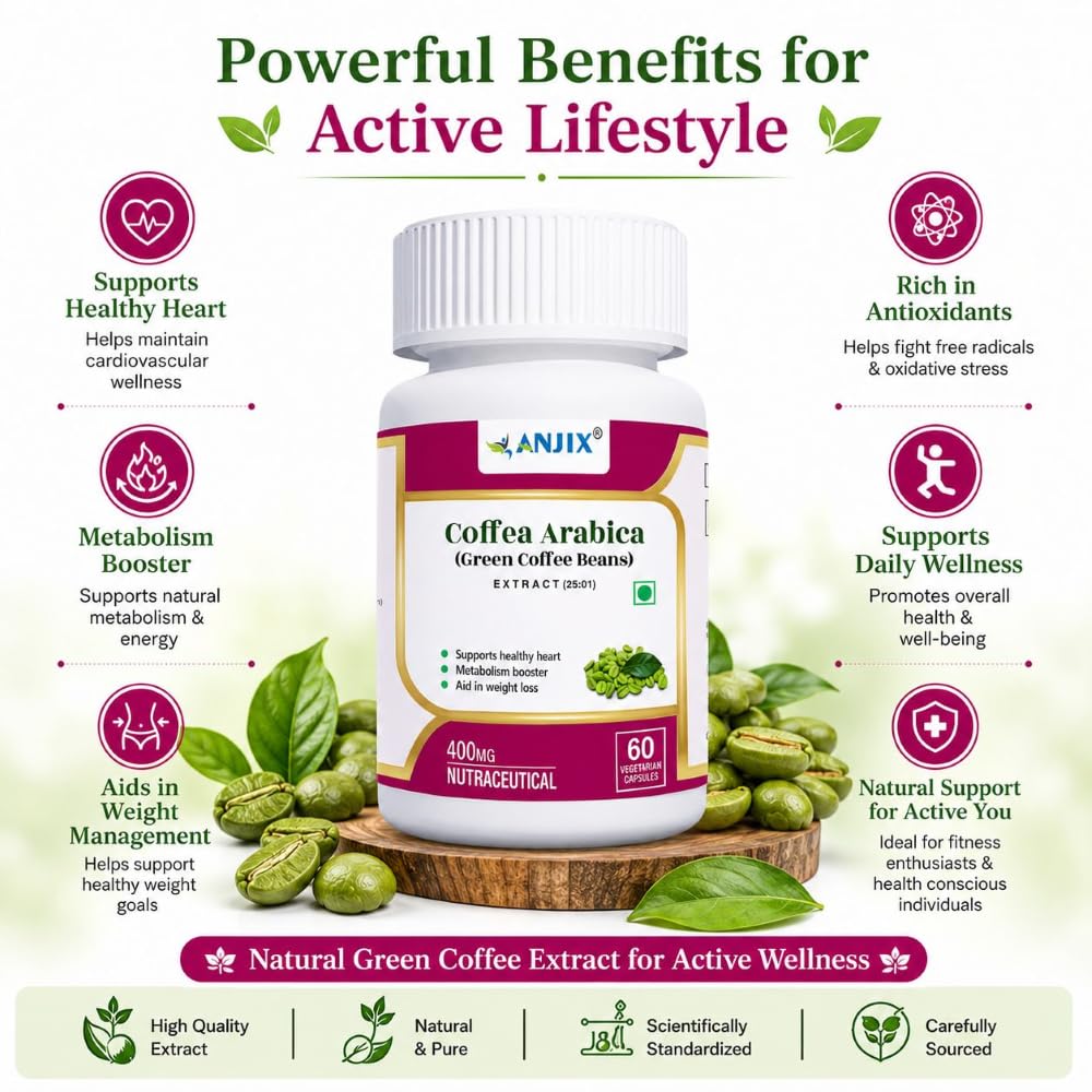 Anjix Green Coffee Bean Extract Capsules | Natural Metabolism Support Supplement | Supports Weight Management & Energy | Vegetarian Capsules | 60 Veg Caps