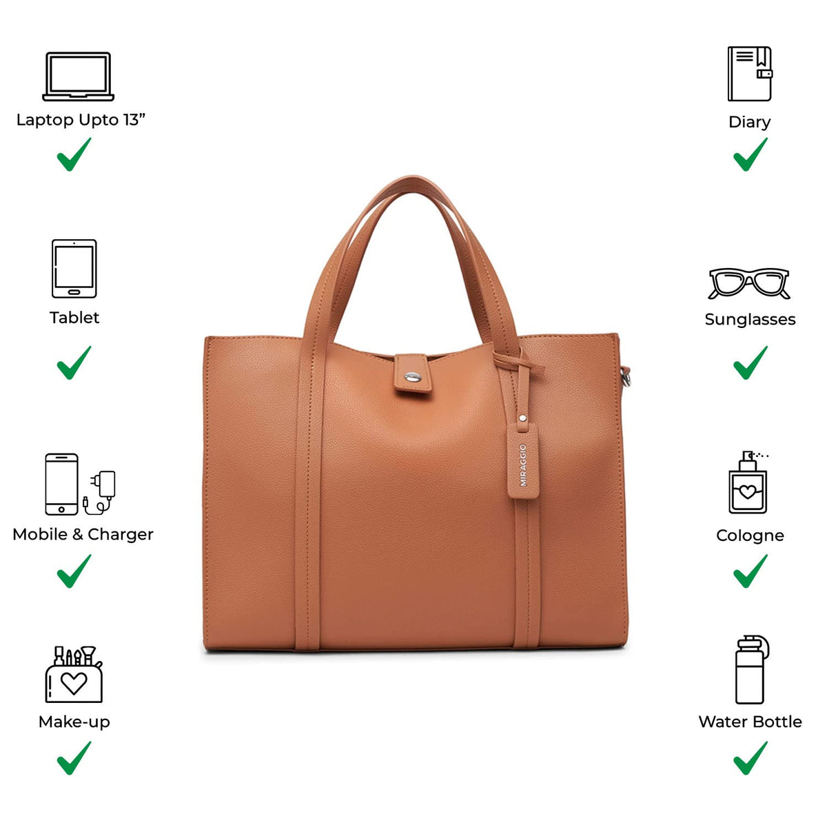 Miraggio Grace Solid Tote Bag For Women With Adjustable & Detachable Sling | Tote Bag For Women Stylish (Tan)