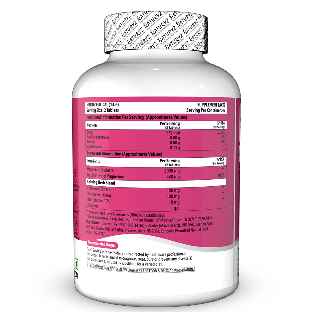 NATURYZ Triple Strength Magnesium Glycinate 2000mg & Calming Herbs for Men & Women | Chamomile | Valerian Extract | 100% RDA Magnesium | Supports Nerve Health, Muscle Relaxation & Sleep Quality - 90 Tablets