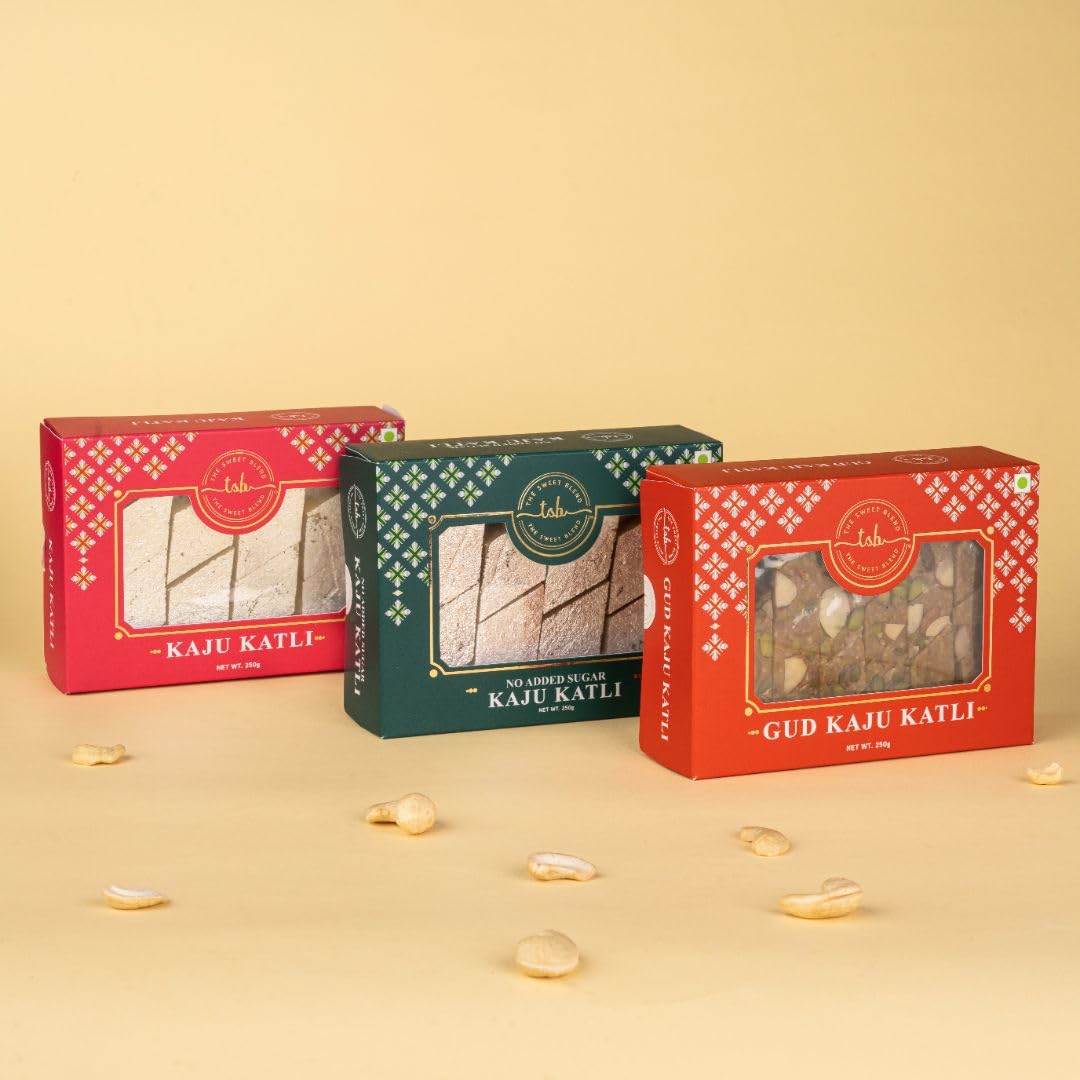 THE SWEET BLEND Katli Trilogy Classic, Gud & Sugar‑Free Kaju Katli | Gift Box | Authentic No‑Added‑Sugar | Indian Mithai Hamper | Ideal for Raksha Bandhan | Pack of 3