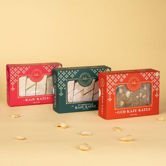 THE SWEET BLEND Katli Trilogy Classic, Gud & Sugar‑Free Kaju Katli | Gift Box | Authentic No‑Added‑Sugar | Indian Mithai Hamper | Ideal for Raksha Bandhan | Pack of 3