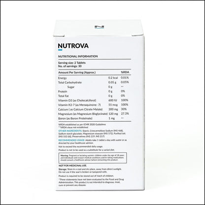 Nutrova Calcium+Magnesium | With Vitamin D3, K2-MK7 & Boron | Boosts Bone Strength, Joint & Muscle Health | High Absorption with Calcium Citrate Malate & Magnesium Bisglycinate | 60 Veg Tablets.