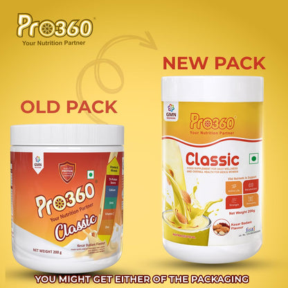 Pro360 Classic Daily Wellness Nutritional Protein Supplement Powder for Men and Women - Instant Beverage Mix - 200+200g (Kesar Badam) Pack of 2
