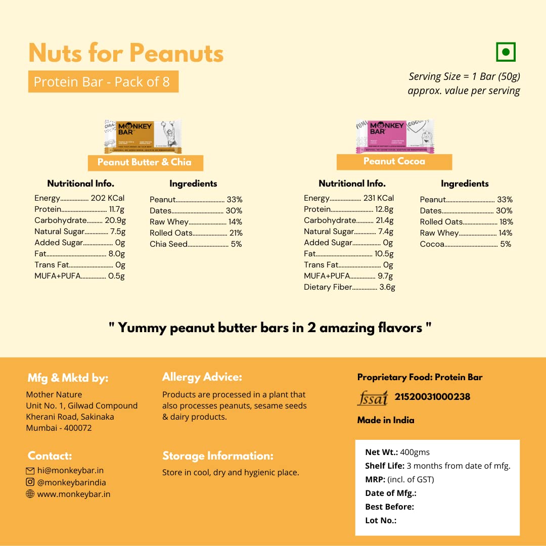 MONKEY BAR - Nuts for Peanuts Protein Bars - 8 Bars, 2 Flavours, 50g ea- image 3