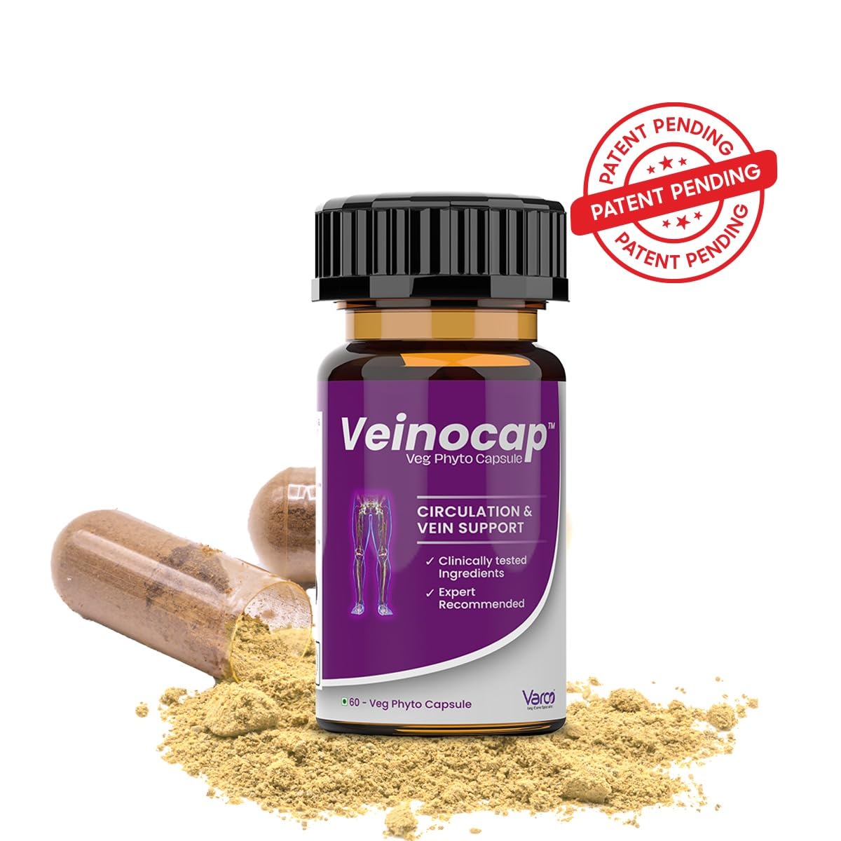 Varco LEG CARE Veinocap Phyto Capsules for Standardized Leg Varicose Veins, Capillary - Muscle Health & Blood Circulation Support with High Efficacy|Horse Chestnut, Pine Bark & Grapeseed Extract-60 Veg Caps