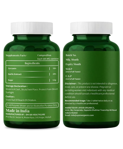 Ayova Curcumin Tablet with Garlic Extract and Black Pepper, Sugar-Free -500mg | Supports Joint Health, Inflammation Support & Immunity | Plant-Based Anti-Inflammatory Supplement for Men & Women | 30 Tablet