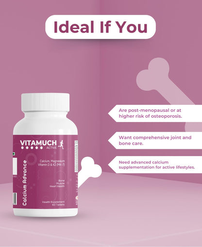 Vitamuch Bone Strength Tablets with Calcium, Vitamin K2, Vitamin D2, Magnesium & Zinc | Supports Bone Health, Joint Flexibility & Immunity | 60 Veg Tablets | 30 Days Pack