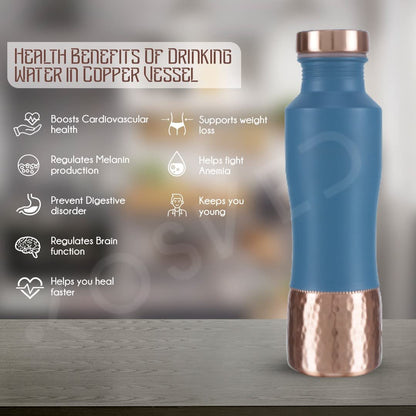 KOSVED Pure Copper Jasmine Dual Colour Tone Water Bottle: 100% Copper, Leak-proof, For Everyday Use, (800ml / 27oz)- Blue