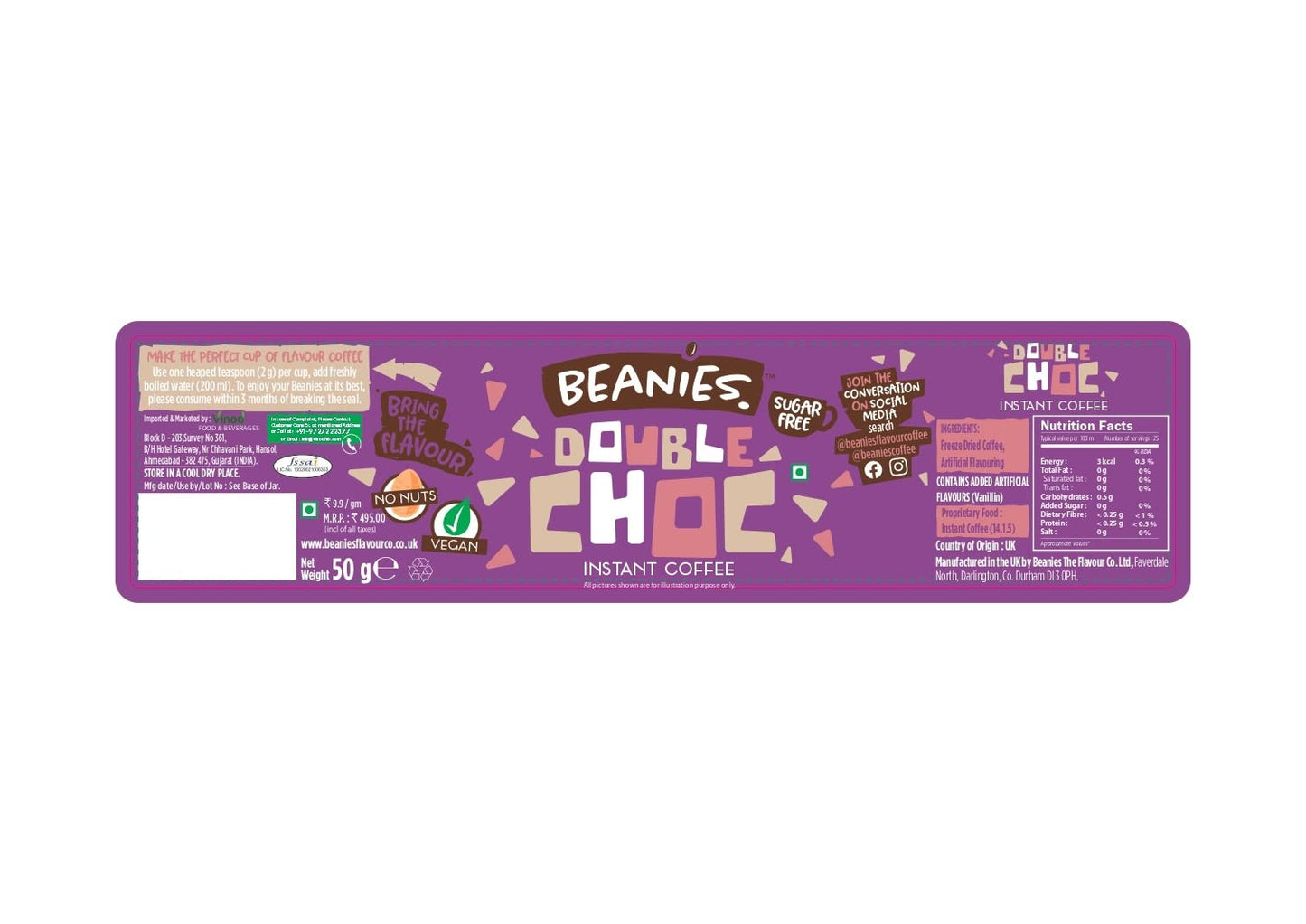 BEANIES Flavoured Instant Coffee Powder - Double Chocolate Hot & Cold Coffee Makes 25 Cups 100% Arabica Light Roasted Coffee Sugar Free 50g. Bottle (Double Chocolate)