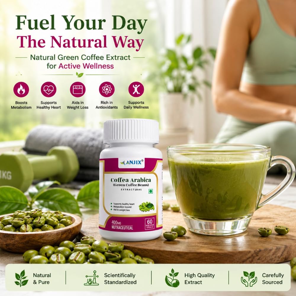 Anjix Green Coffee Bean Extract Capsules | Natural Metabolism Support Supplement | Supports Weight Management & Energy | Vegetarian Capsules | 60 Veg Caps