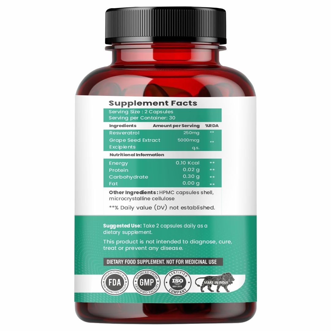 Raskam Resveratrol Supplement with Grape Seed Extract | 60 Veg Capsules | Highly Bioavailable | Antioxidant Support for Healthy Aging | Heart, Immune & Skin Support