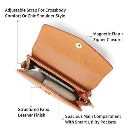 Fastrack Sling | Faux-Leather Women’s Handbag | Structured Tan Sling with Gold Accent Strap & Dual Closure