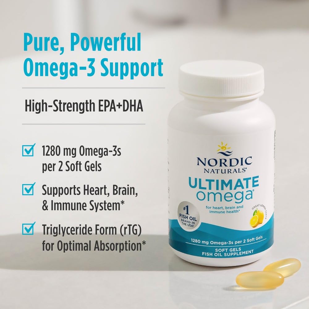Nordic Naturals Ultimate Omega 3 Fish Oil Softgels | 1280 Mg of Omega 3, EPA & DHA Supplement For Men & Women | High-Potency Fish Oil Supplement | Lemon Flavour 120 Softgels