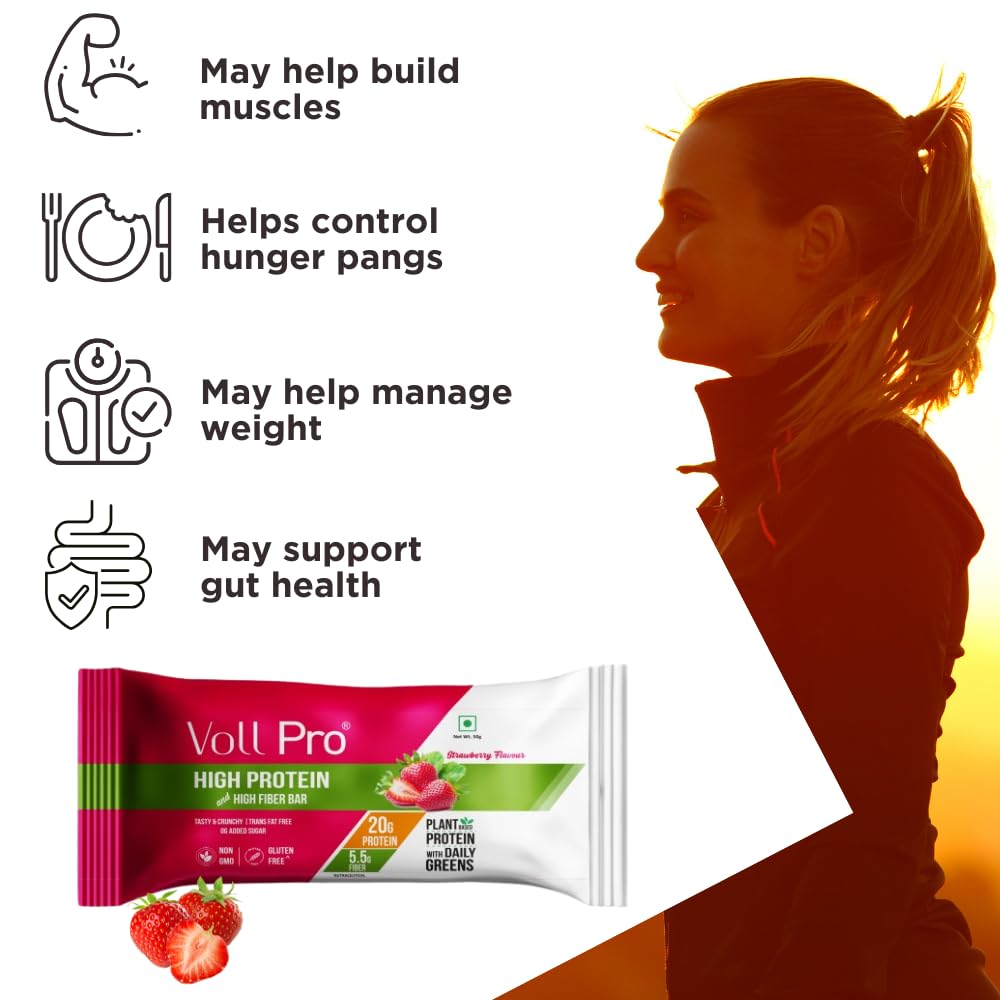 Voll Pro Plant Protein Bar with Daily Greens - High Protein 20g, Fiber 5.5g, 0g Sugar - Strawberry Flavour- Non-GMO- Gluten & Trans Fat Free-Crunchy, Delicious Nutrient-Rich Protein Bars,(50g X 6 Bar) -Pack Of 6 Bar (Pack Of 6, Strawberry)
