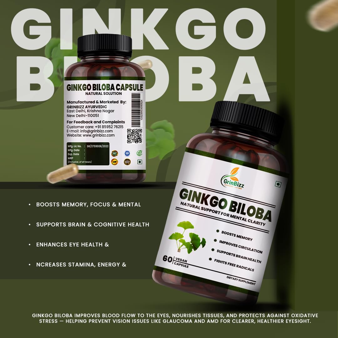 Grinbizz Ginkgo Biloba Capsules | Supports Memory, Focus & Brain Health | Improves Circulation & Mental Clarity | Antioxidant Herbal Supplement | 60 Capsules