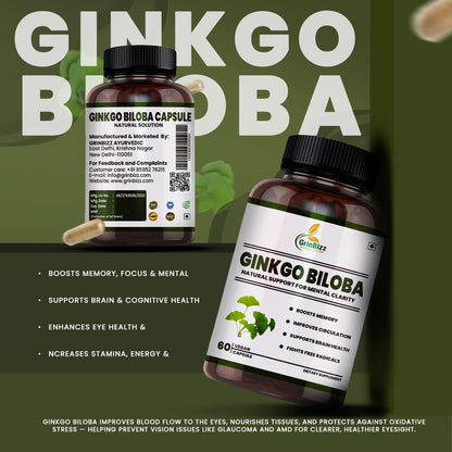 Grinbizz Ginkgo Biloba Capsules | Supports Memory, Focus & Brain Health | Improves Circulation & Mental Clarity | Antioxidant Herbal Supplement | 60 Capsules