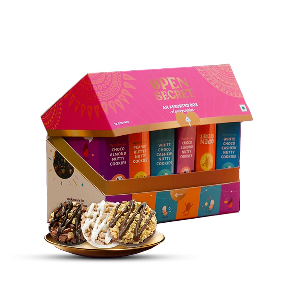Open Secret Chocolate Celebration Gift Box | 12 Cookies Assortment | Premium Gourmet Cookie Gift Hamper | White Cashew, Choco Almond & Peanut Butter Cookies | Sweet Treats for All Occasions