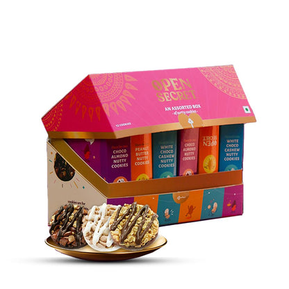Open Secret Chocolate Celebration Gift Box | 12 Cookies Assortment | Premium Gourmet Cookie Gift Hamper | White Cashew, Choco Almond & Peanut Butter Cookies | Sweet Treats for All Occasions