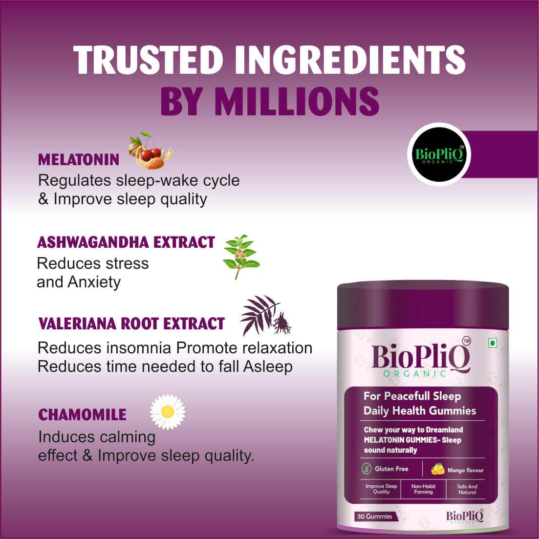 BIOPLIQ ORGANIC Melatonin Sleep Gummies 5mg– Sugar Free, Vegan Mango Flavor – With Ashwagandha, Chamomile & Valerian for Deep Sleep, Stress Relief & Relaxation– 90 Sleep Gummies for Adults– Pack of 3