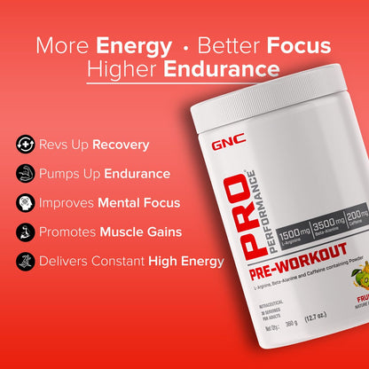 GNC Pro Performance Pre-Workout | 360 gm | 30 Servings | Boosts Pump & Energy | Speeds Up Recovery | 1500 mg L-Arginine | 3500 mg Beta-Alanine | 200 mg Caffeine | Fruit Punch
