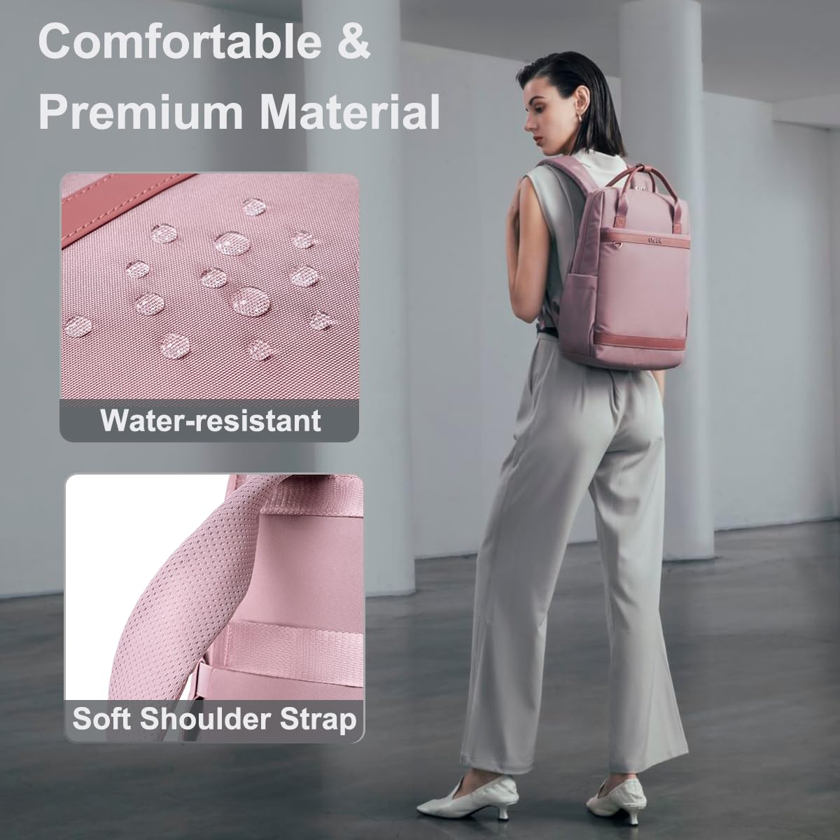 Chantria Slim Backpack for Women Stylish 14-inch Laptop Bag 13L Multi-pocket Water-resistant Daypack with Top Handheld & Luggage Strap,Ladies Backpack for Office Casual College, Pale Mauve