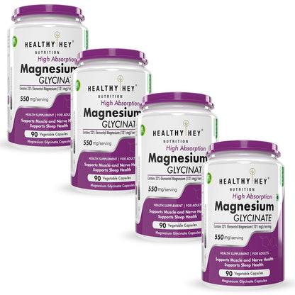 HealthyHey Nutrition High Absorption Magnesium Glycinate, 550mg - 90 Vegetable Capsules - Pack of 4