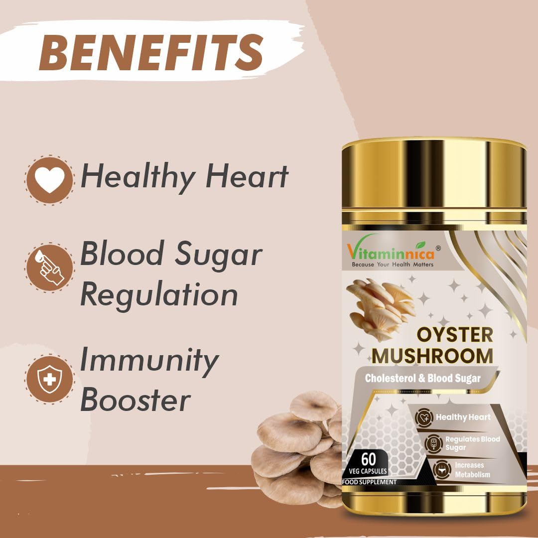 Vitaminnica Oyster Mushroom 500mg- 60 Vegan Capsules | Nootropics for Cholesterol & Blood Sugar Support