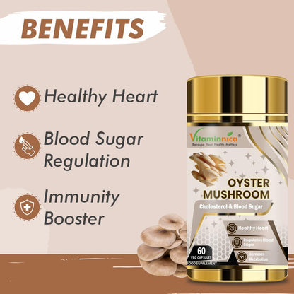 Vitaminnica Oyster Mushroom 500mg- 60 Vegan Capsules | Nootropics for Cholesterol & Blood Sugar Support