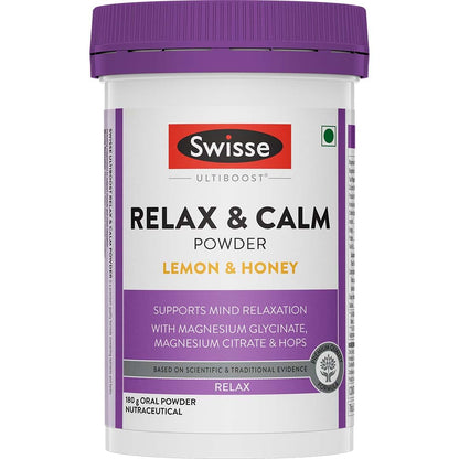 Swisse Relax & Calm Powder – Magnesium Glycinate & Citrate + Hops, Inositol & Choline - Supports Relaxation, Muscle Recovery & Healthy Sleep (Lemon & Honey Flavor, 24 Servings)