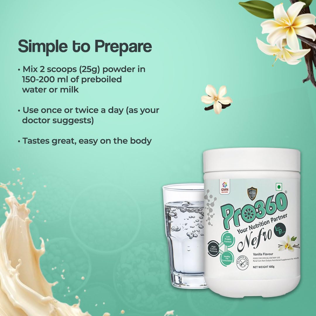 Pro360 Nefro LP Powder Vanilla Flavour – 400g Low Protein Nutrition Supplement for Kidney Health (Non-Dialysis) – Vanilla Protein Powder Enriched with L-Taurine, L-Carnitine (Pack of 2)